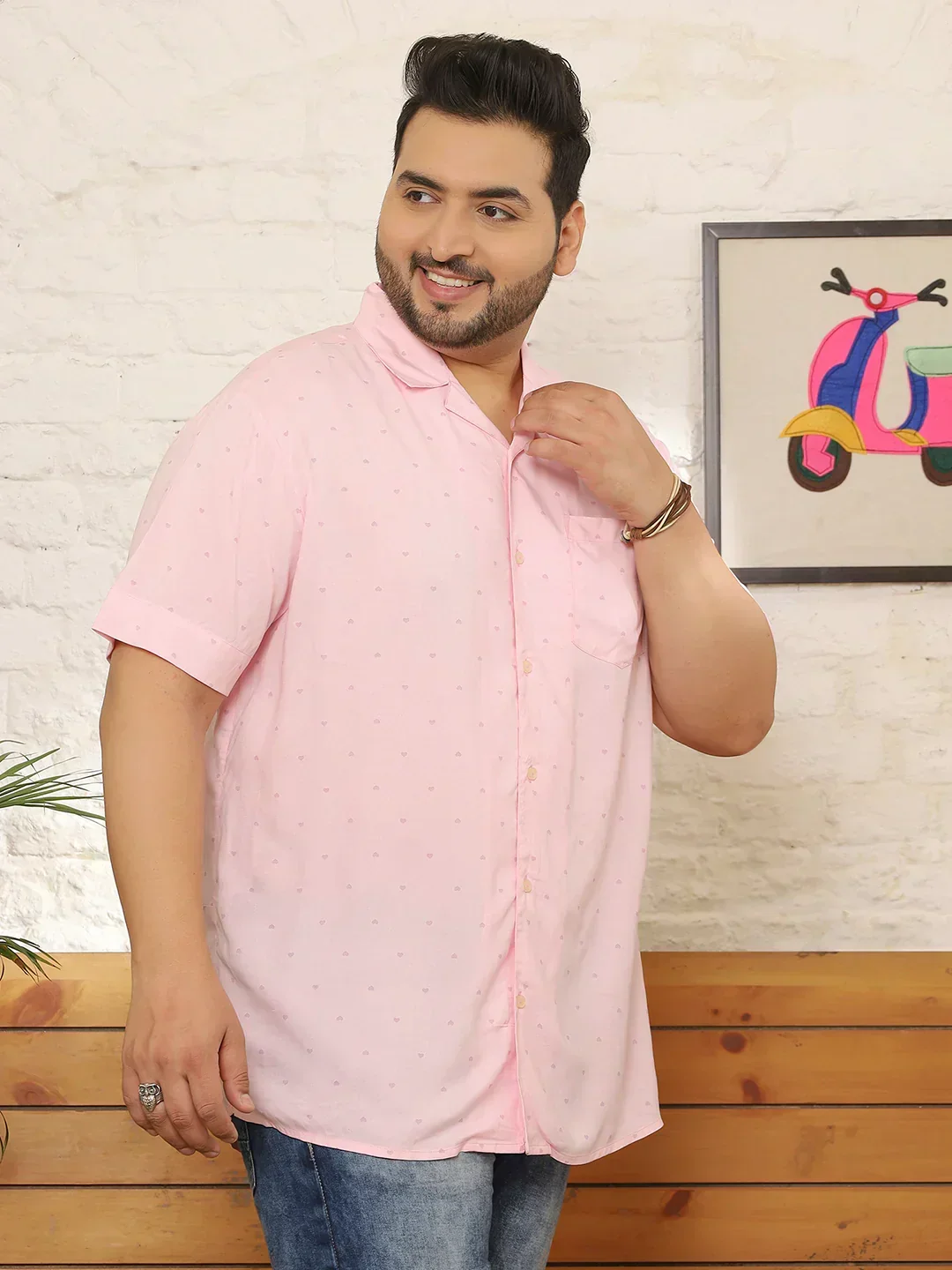 Men Plus Size Lintiq Pink Dotted Shirt - Image 4