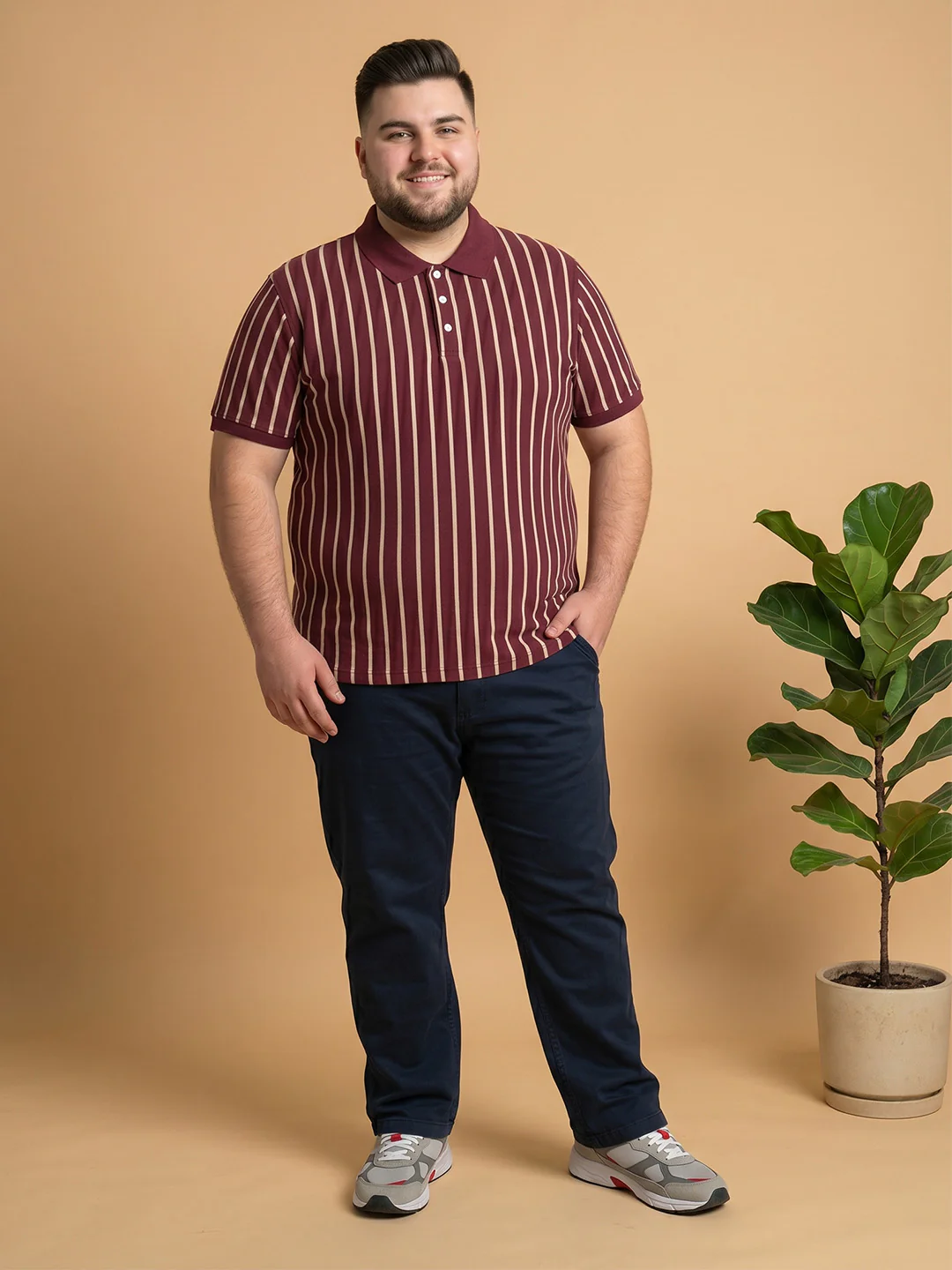 Men Plus Size Merlot Multi Striped Polo - Image 5