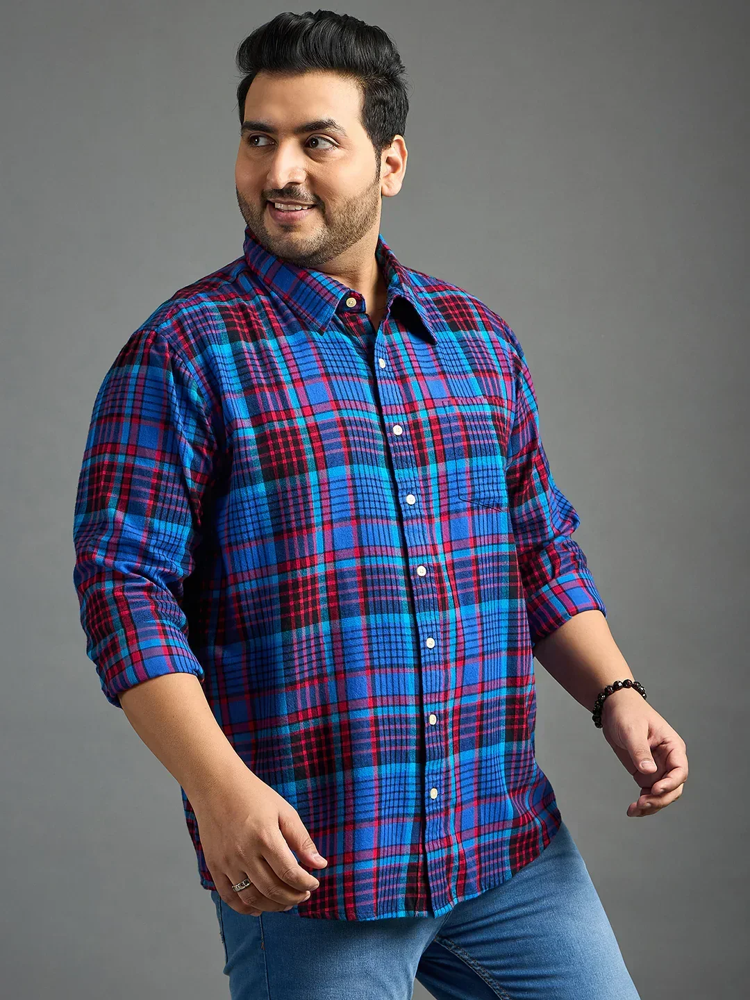 Men Plus Size Moses Red Checked blue Shirt - Image 4