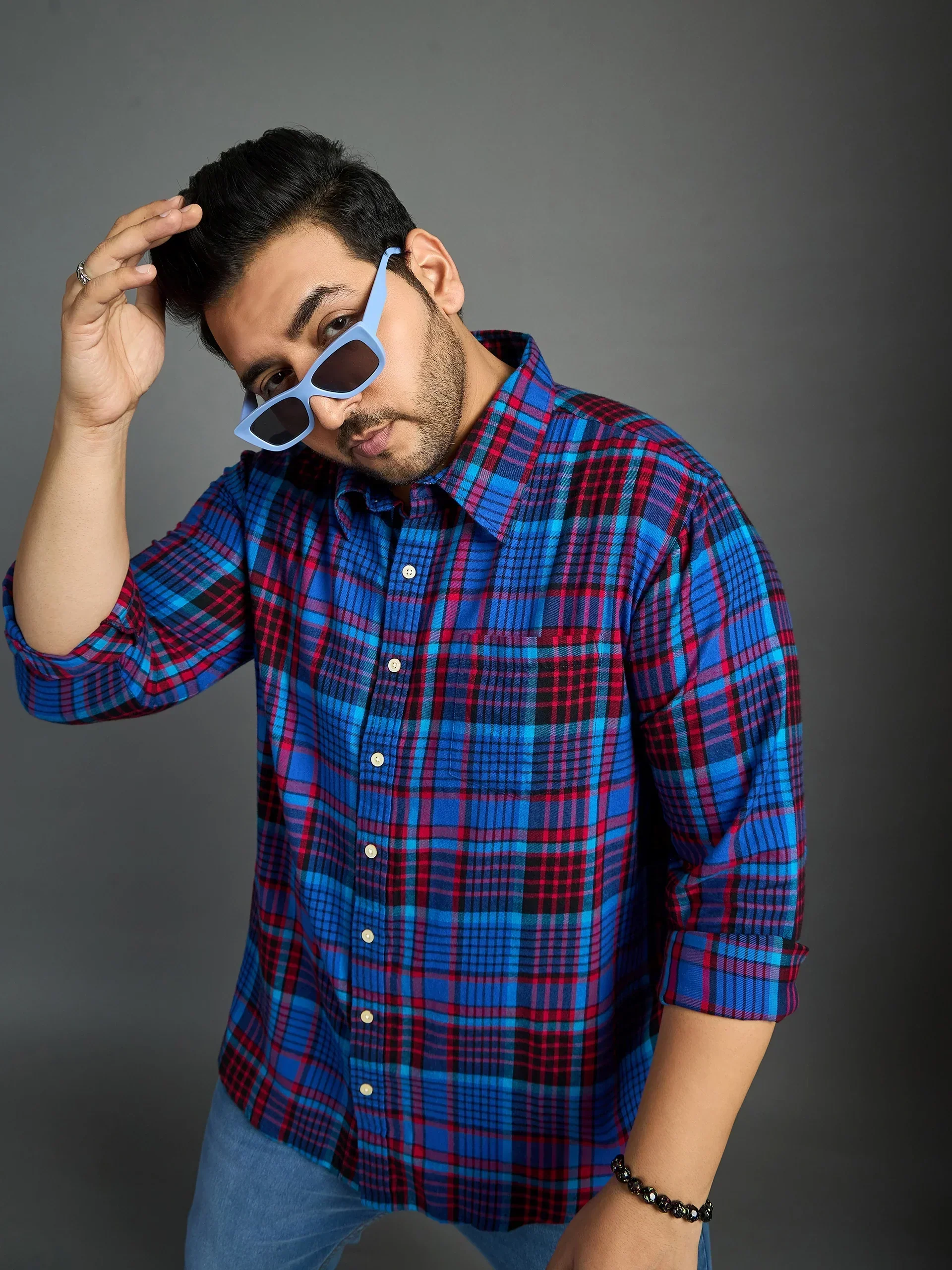 Men Plus Size Moses Red Checked blue Shirt - Image 7