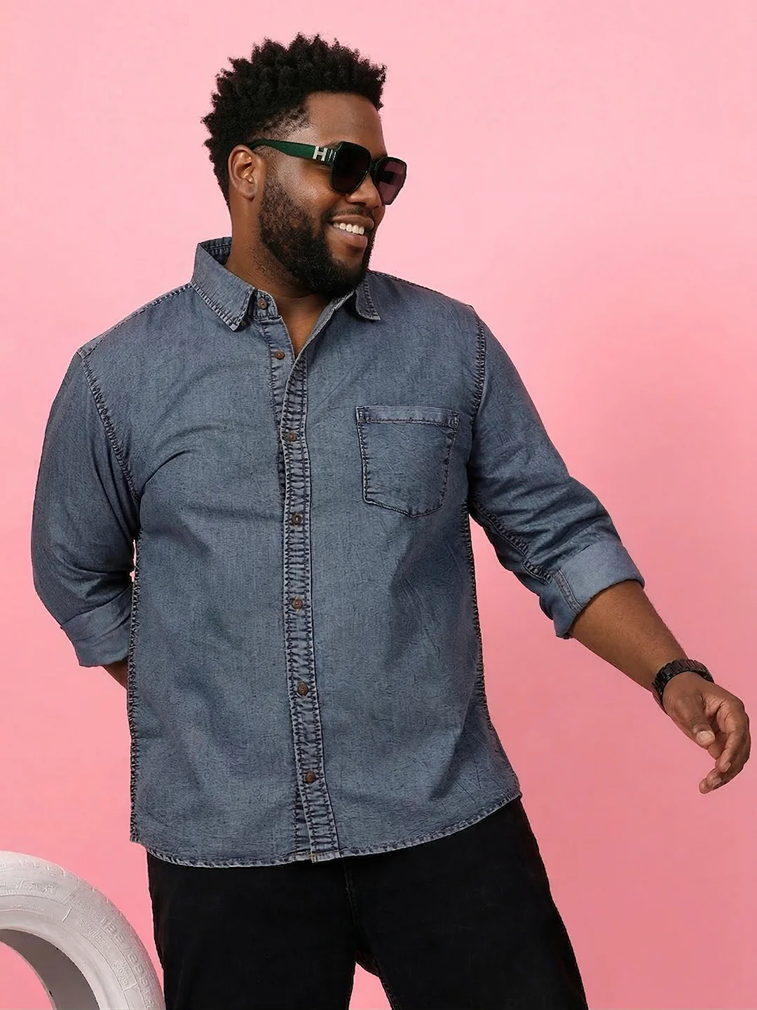 Men Plus Size Nebrasko Blue Solid Casual Shirt - Image 7