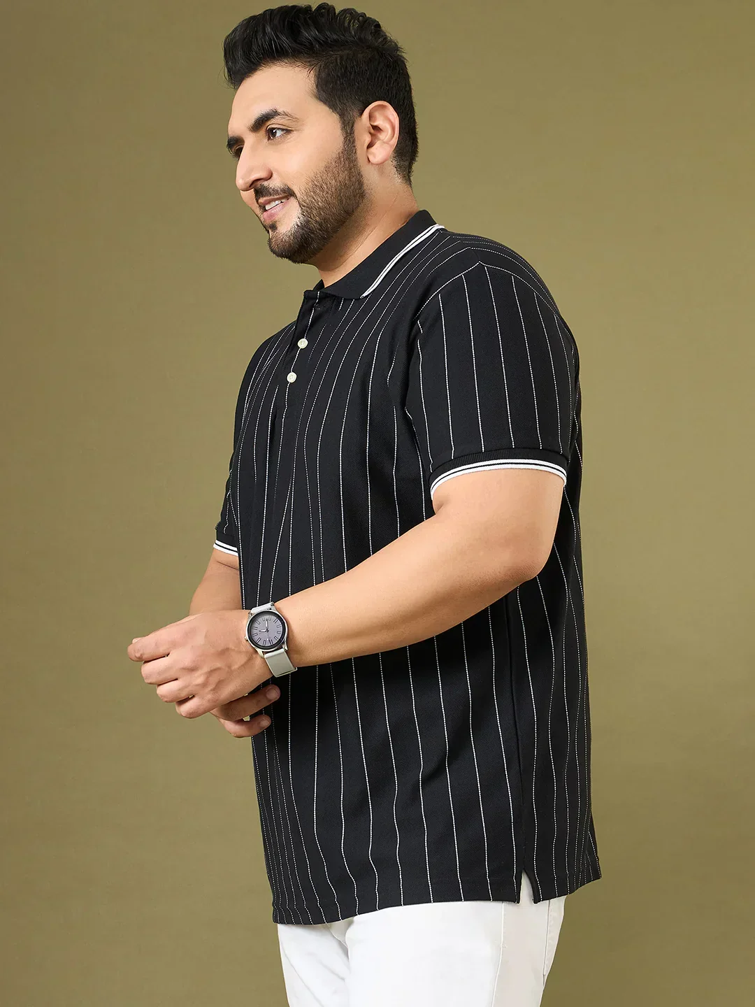 Men Plus Size Noir Black Striped Polo Tshirt - Image 3