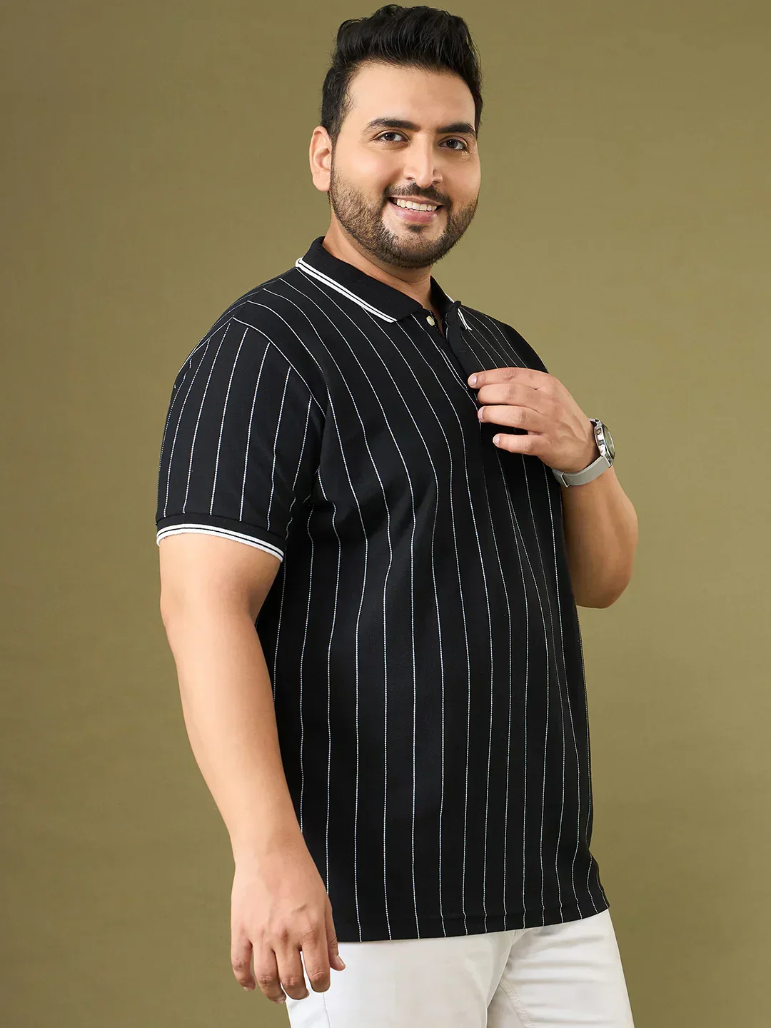 Men Plus Size Noir Black Striped Polo Tshirt - Image 4