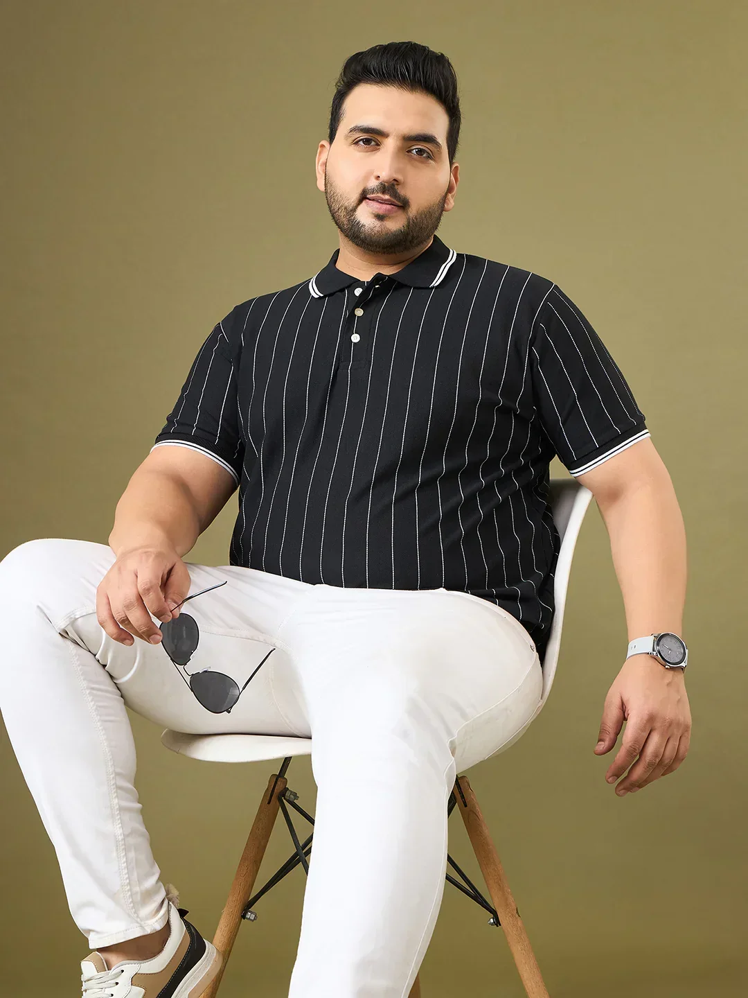 Men Plus Size Noir Black Striped Polo Tshirt - Image 7