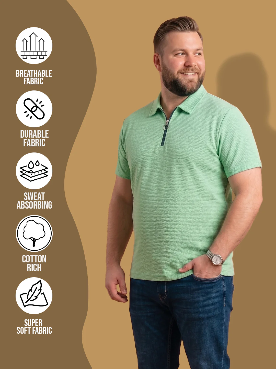 Men Plus Size Nuvia Green Solid Polo - Image 6