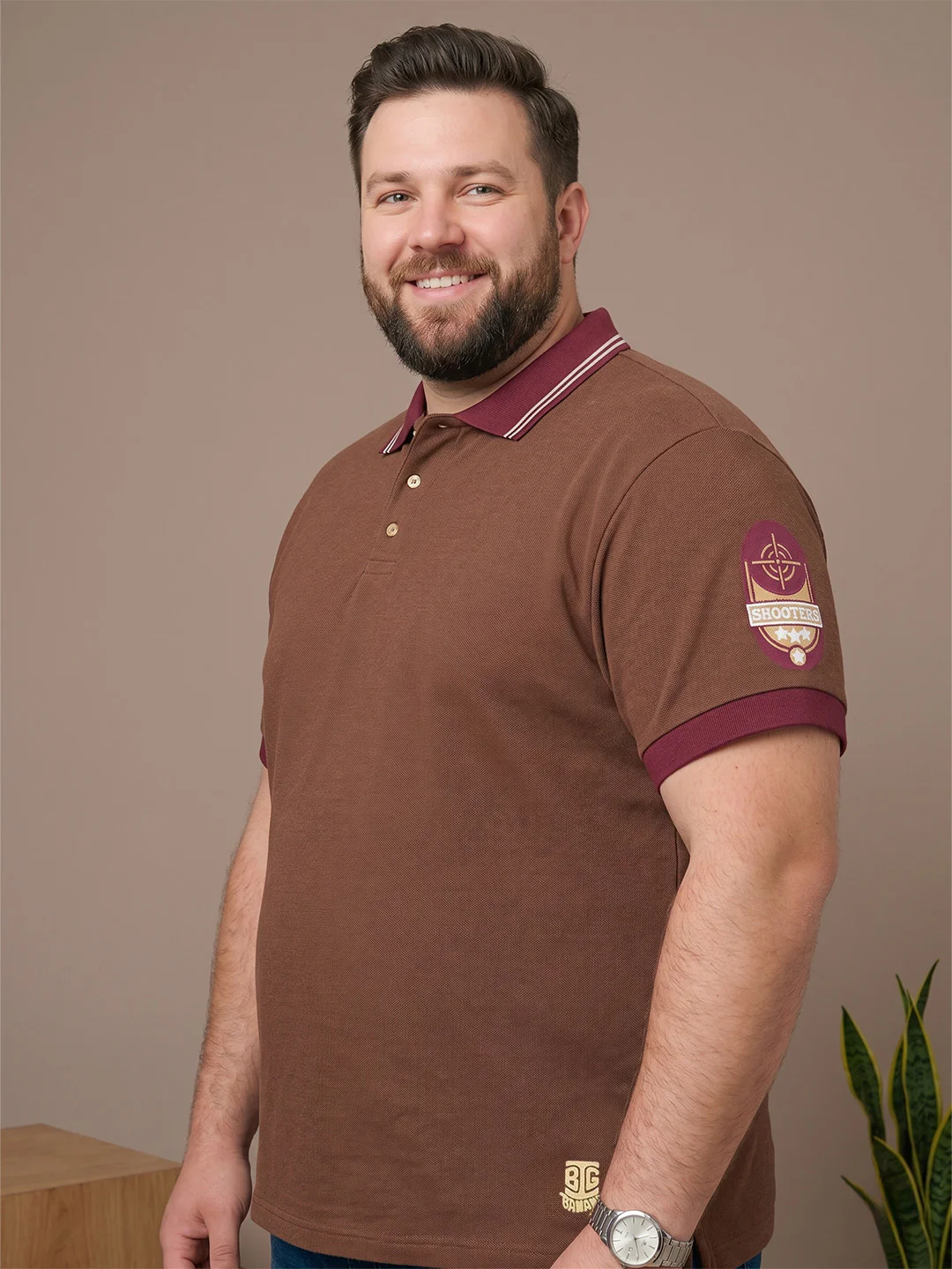 Men Plus Size Oatmeal Beige Solid Polo - Image 2