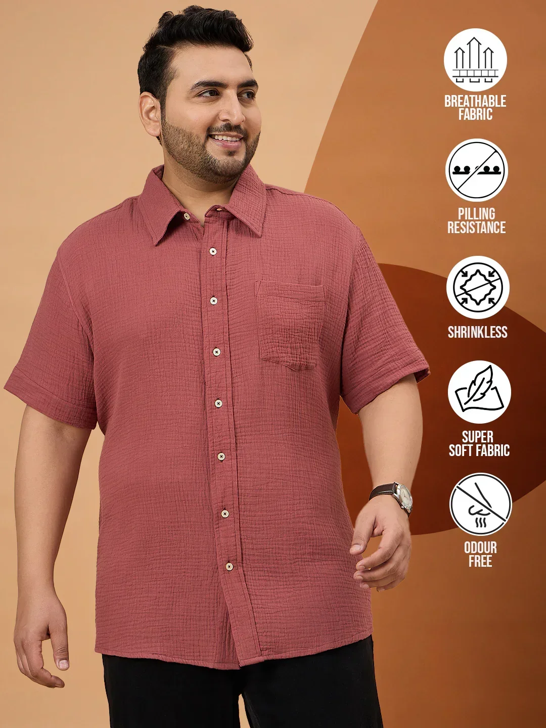 Men Plus Size Ocree-Dark Peach Solid Shirt - Image 2