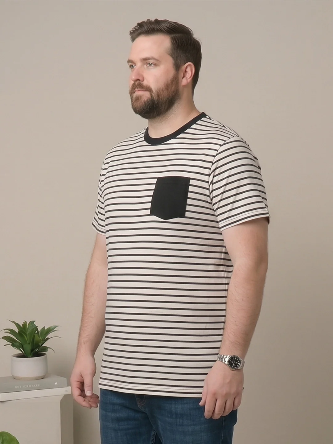Men Plus Size Orvane White Striped Round Neck - Image 2
