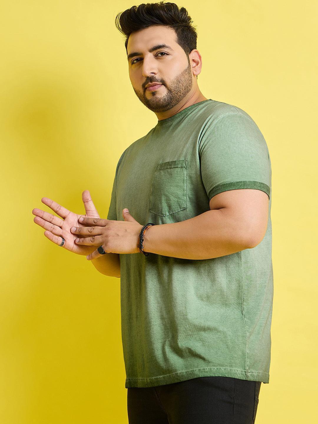 Men Plus Size Piccolo-Green Solid Round Neck Tshirt - Image 4