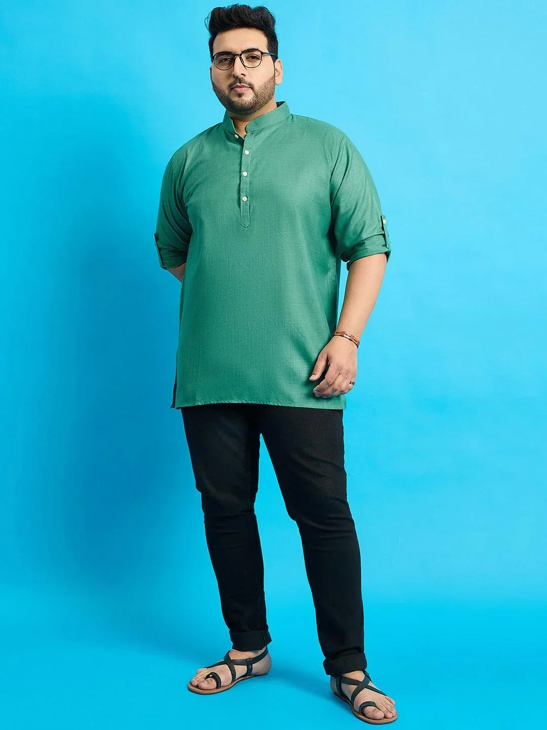 Men Plus Size Pollan-Green Solid Short Kurta - Image 8