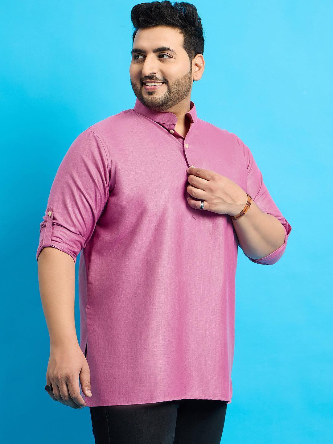Men Plus Size Pollan-Pink Solid Short Kurta - Image 4