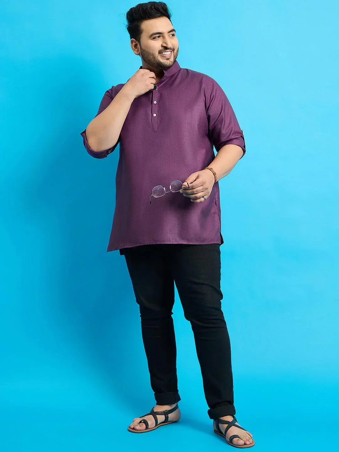 Men Plus Size Pollan-Purple Solid Short Kurta - Image 10