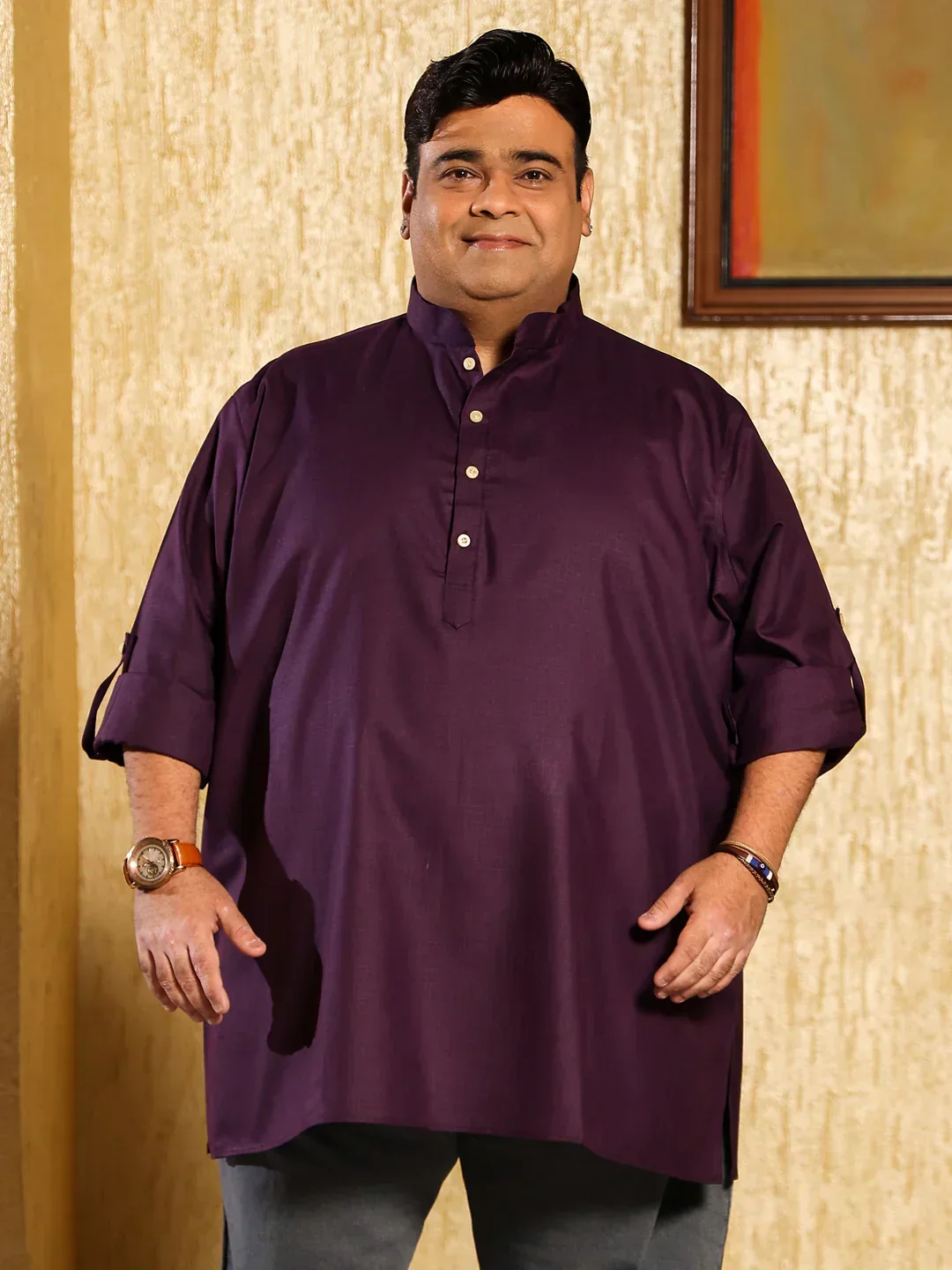 Men Plus Size Pollan-Purple Solid Short Kurta - Image 2