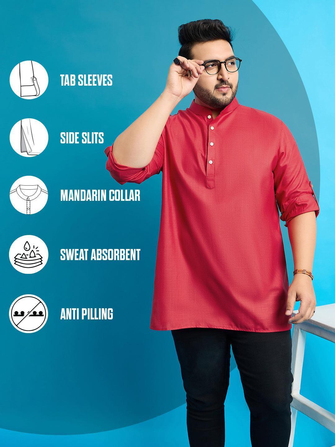 Men Plus Size Pollan-Red Solid Short Kurta - Image 2