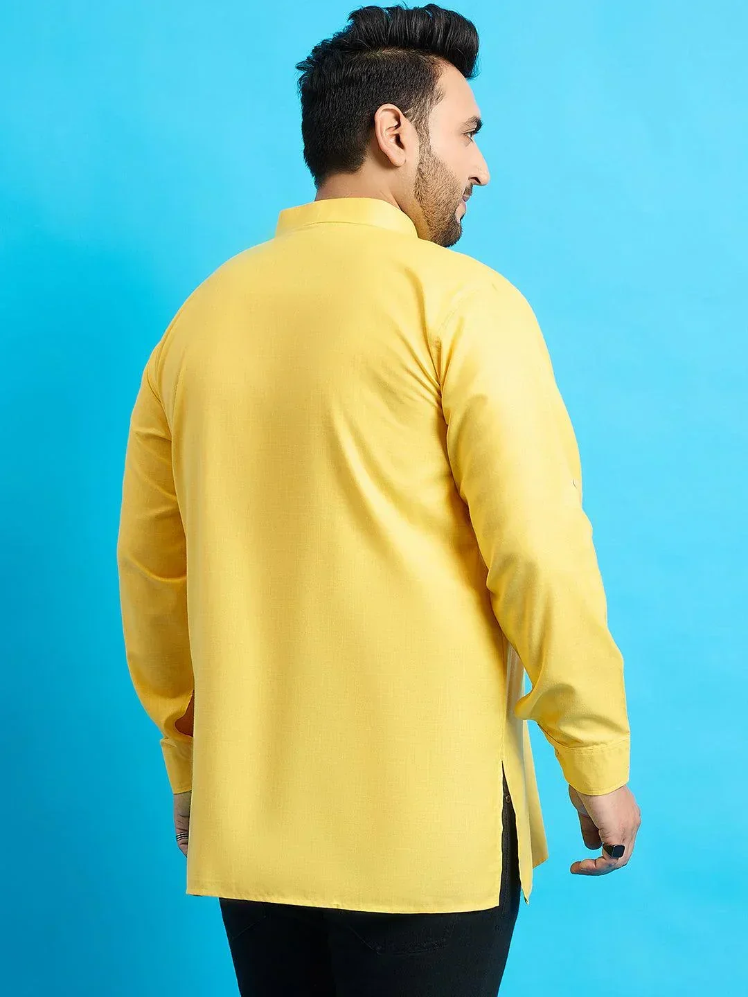 Men Plus Size Pollan-Yellow Solid Short Kurta - Image 6