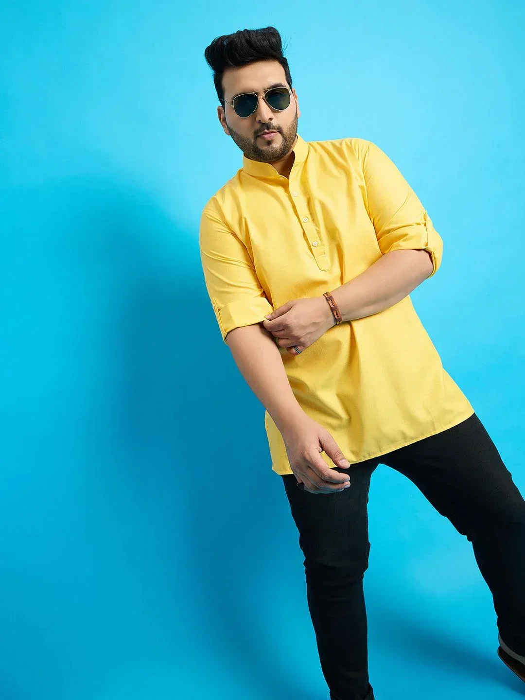 Men Plus Size Pollan-Yellow Solid Short Kurta - Image 8