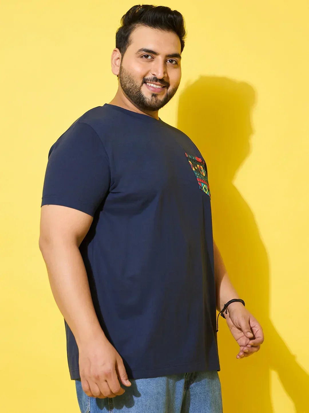 Men Plus Size Pouch Navy Printed Round Neck Tshirt - Image 3