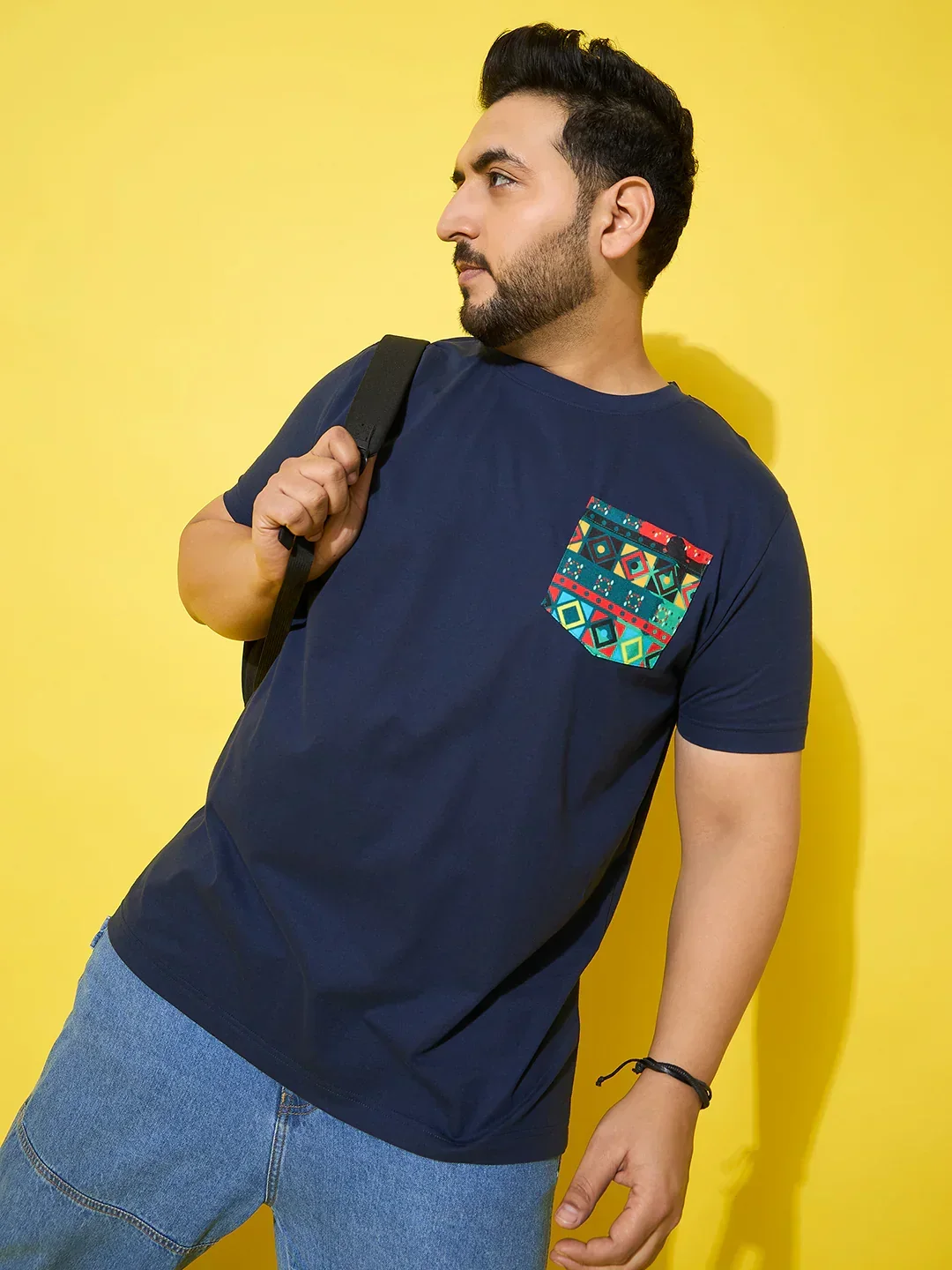 Men Plus Size Pouch Navy Printed Round Neck Tshirt - Image 5