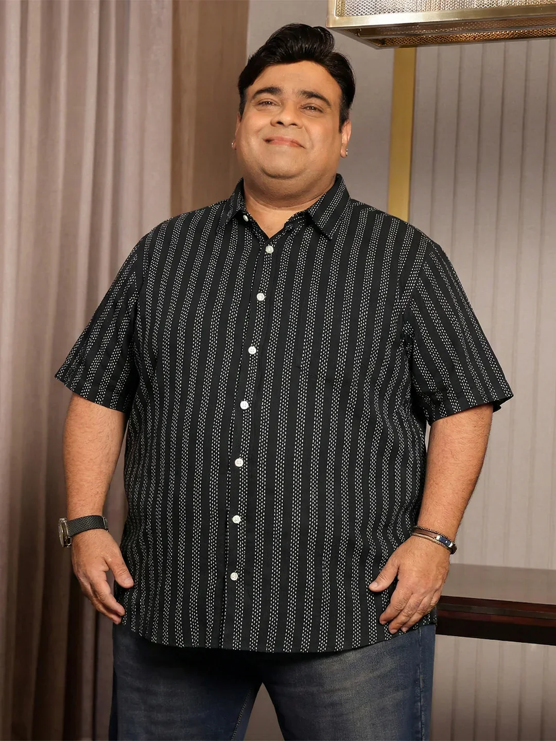 Men Plus Size Prep Black Striped Casual Shirt