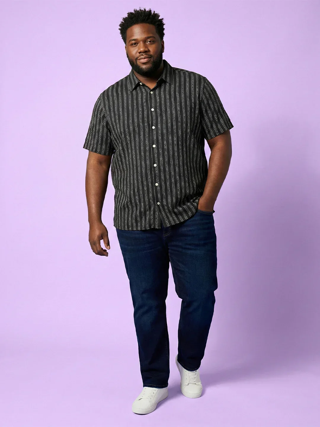 Men Plus Size Prep Black Striped Casual Shirt - Image 8