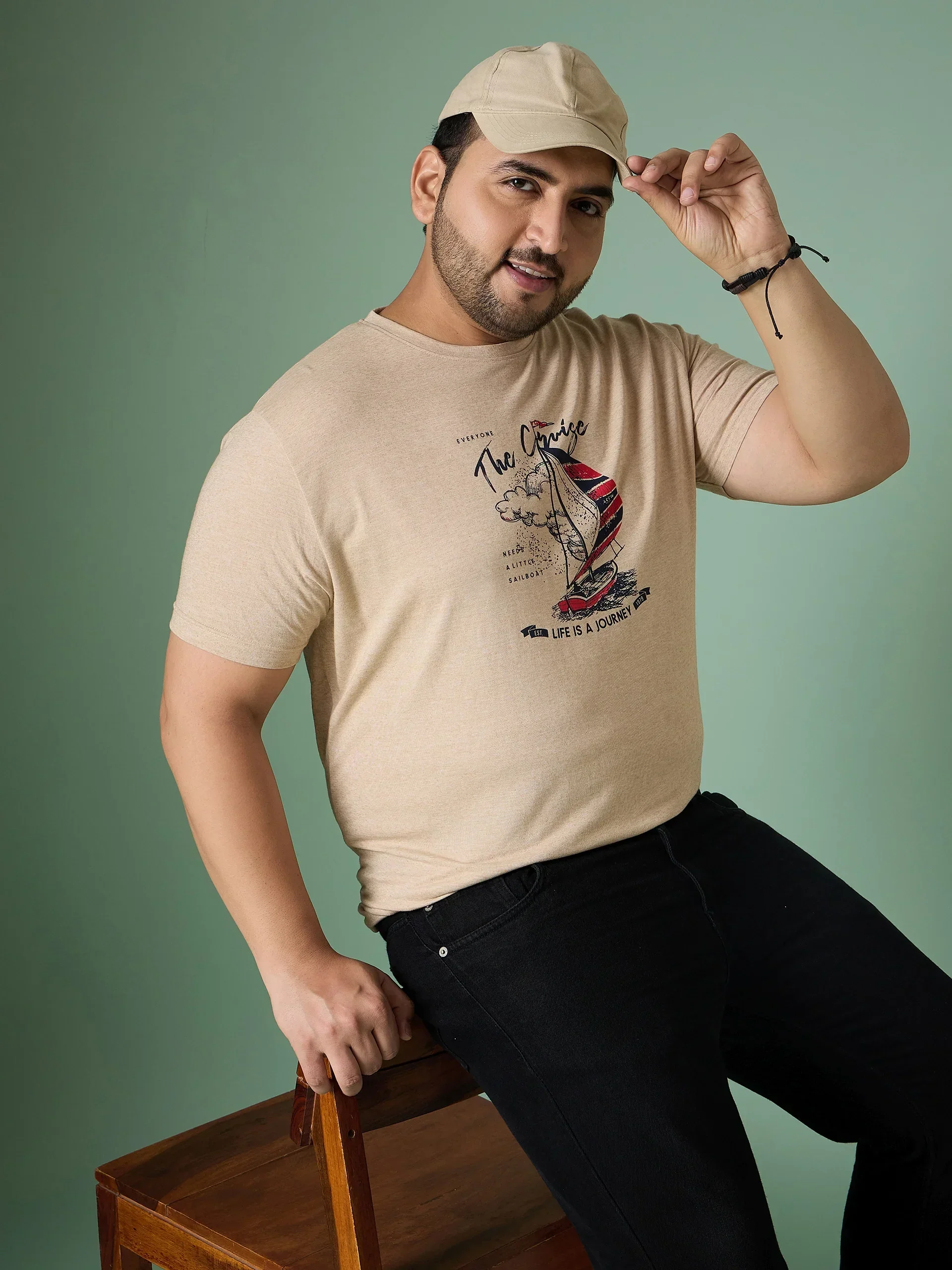 Men Plus Size Prisme Solid Beige Round Neck Tshirt