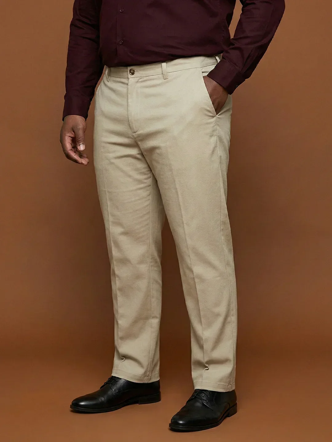 Men Plus Size Pristine-Beige Textured Formal Pants - Image 3