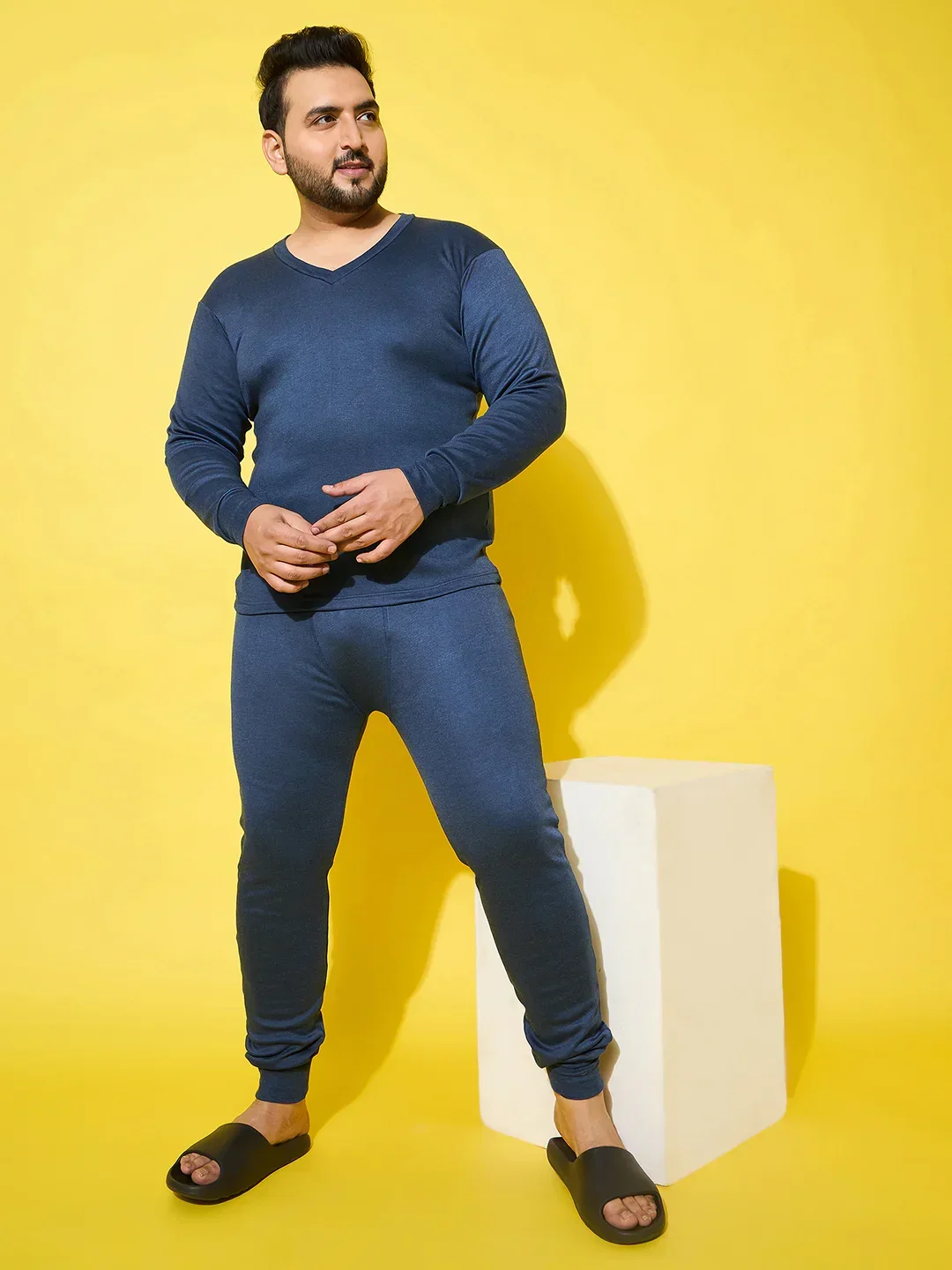 Men Plus Size Pyre-Blue Solid Thermal Bottom - Image 3