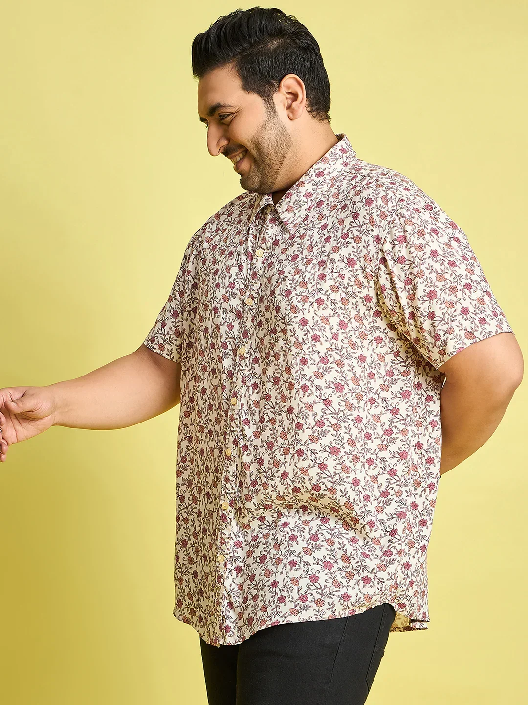 Men Plus Size Rupter Floral Printed Peach Color Shirt - Image 3