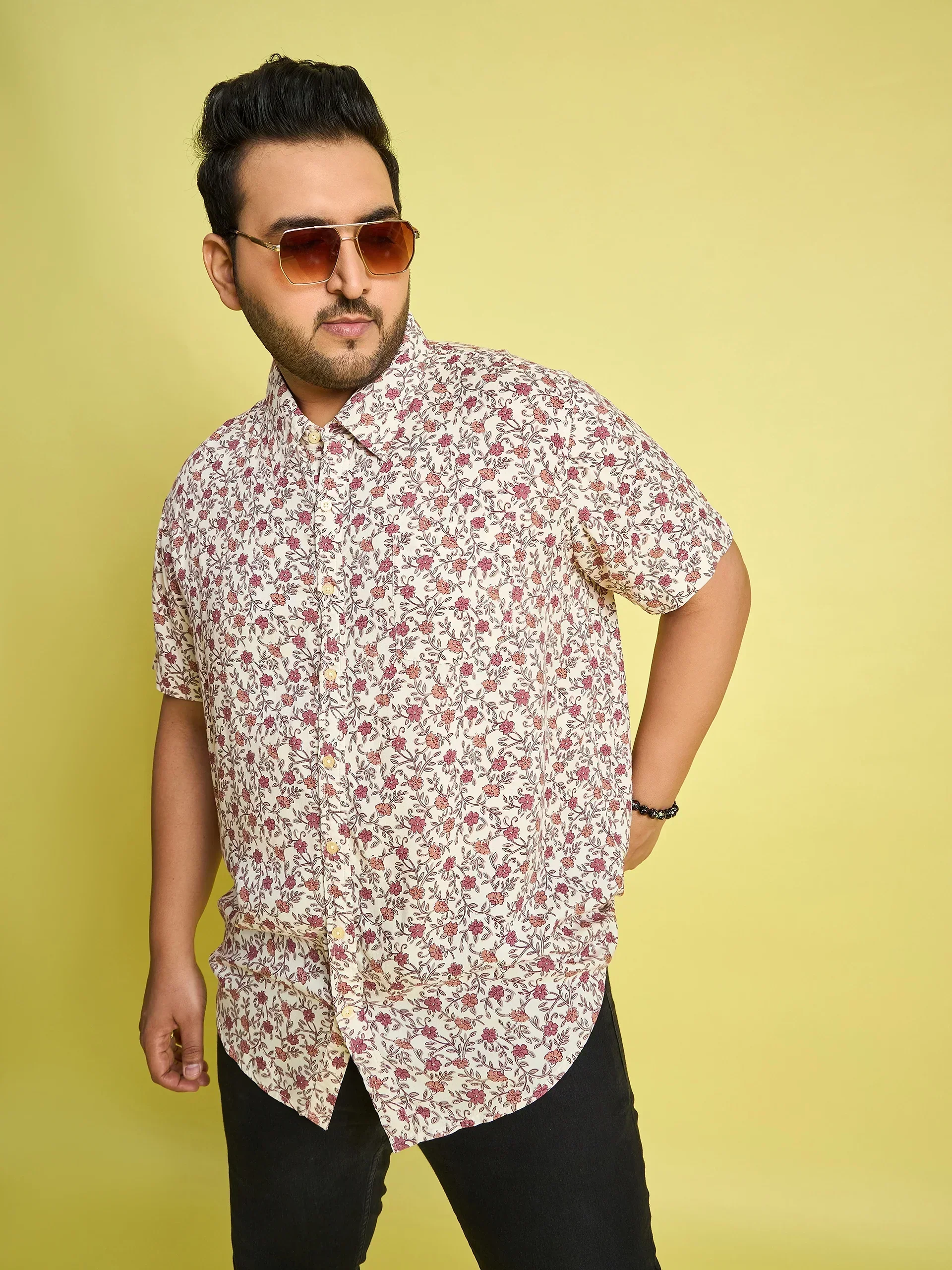 Men Plus Size Rupter Floral Printed Peach Color Shirt - Image 7