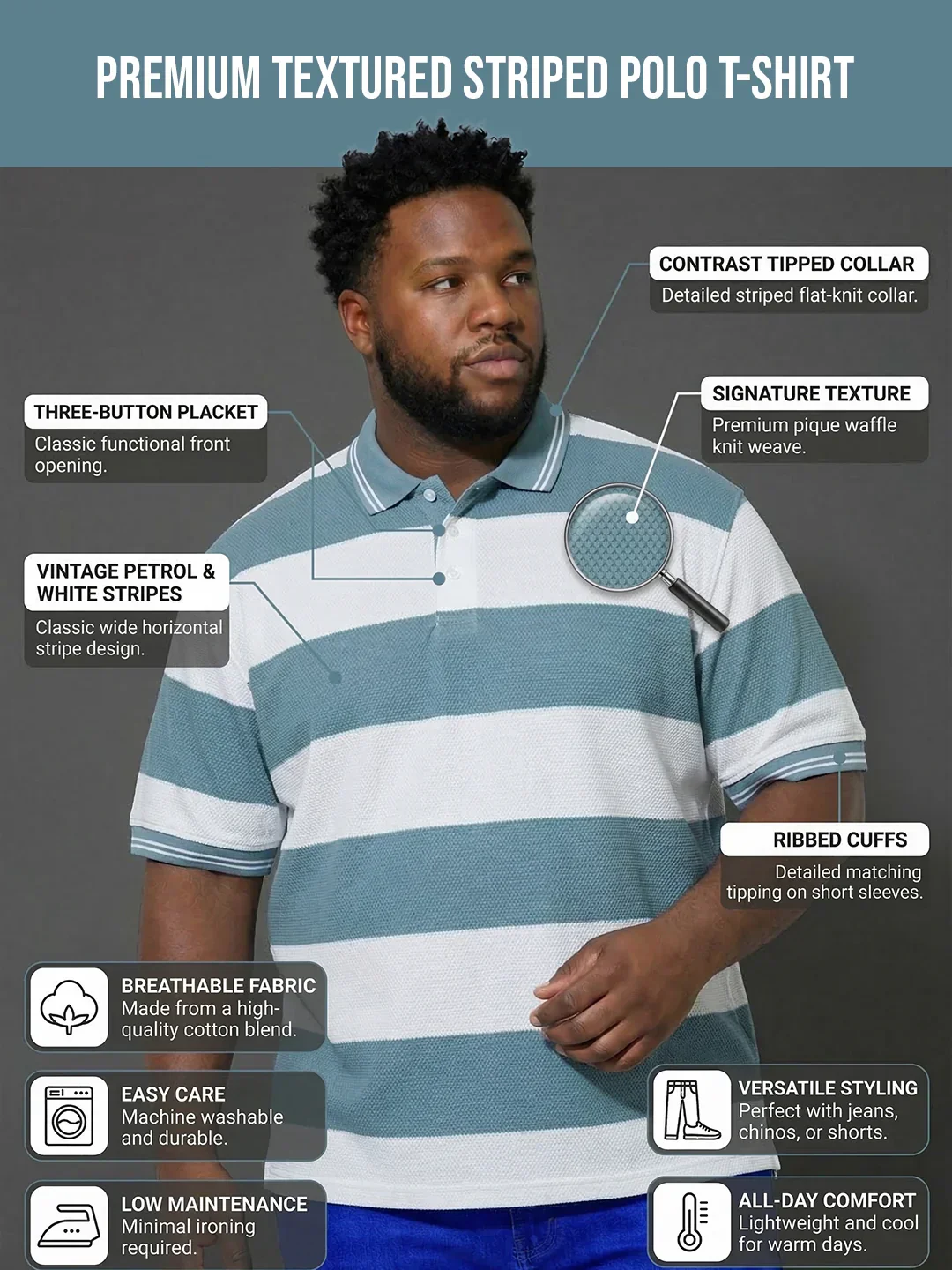 Men Plus Size Seabreeze Multicolor Textured Polo Tshirt - Image 2