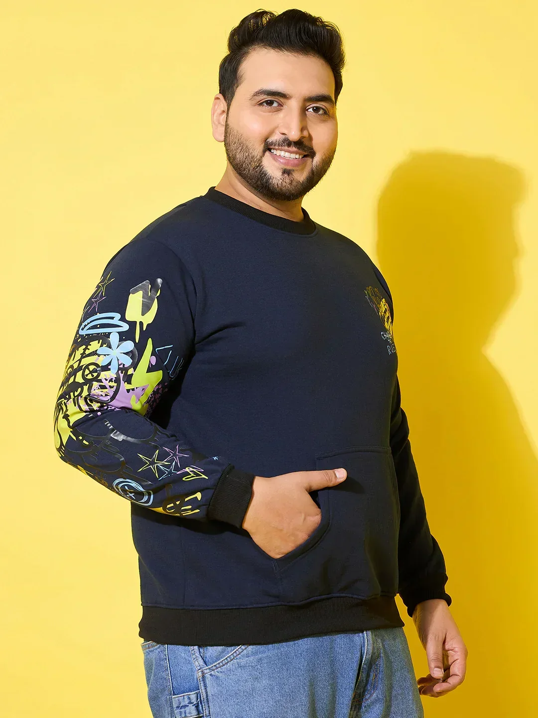Men Plus Size Sketch-Navy Printed Sweatshirt - Image 3