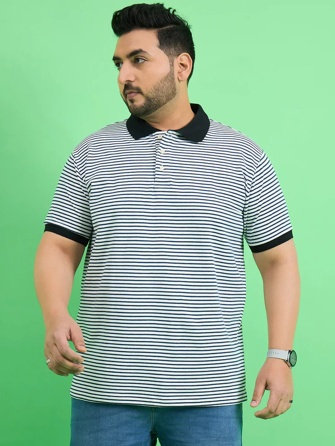 Men Plus Size Skewer White Stripe Polo Tshirt - Image 3