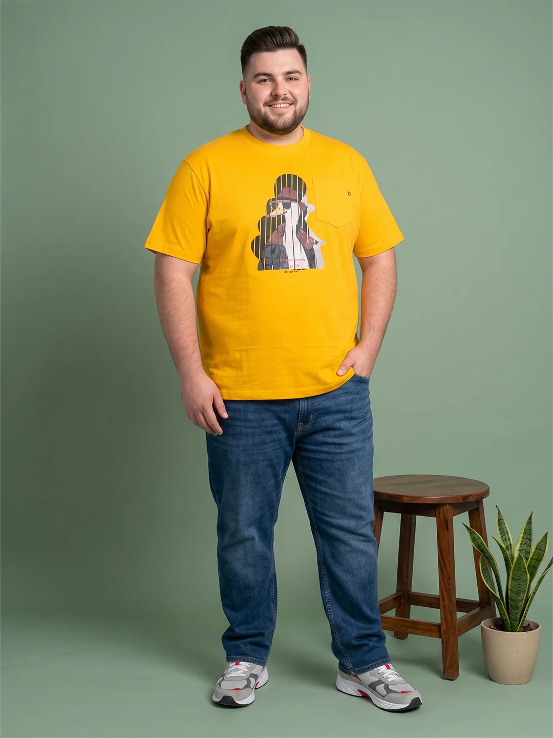 Men Plus Size Solarsketch Yellow Printed Round Neck - Image 7