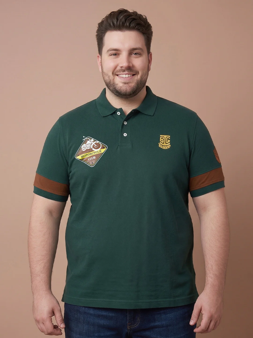 Men Plus Size Sprouting Bottle Green Colorblock Polo