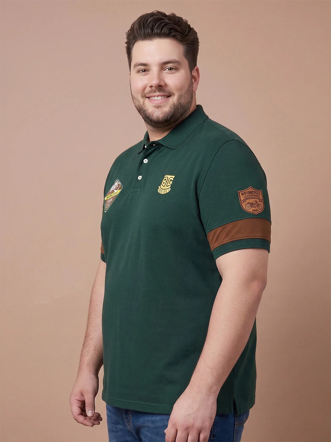 Men Plus Size Sprouting Bottle Green Colorblock Polo - Image 3