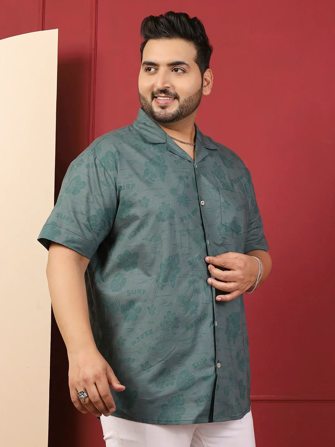 Men Plus Size Stevore Green Printed Shirt - Image 5