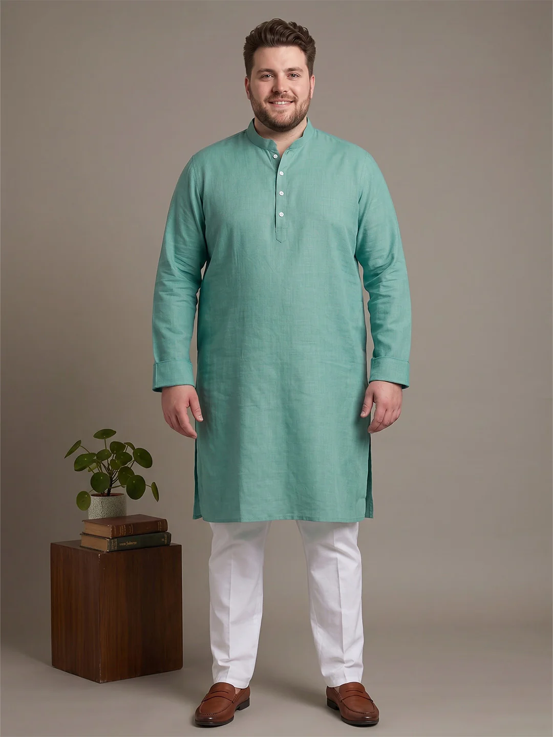 Men Plus Size Tejora Turquoise Solid Kurta