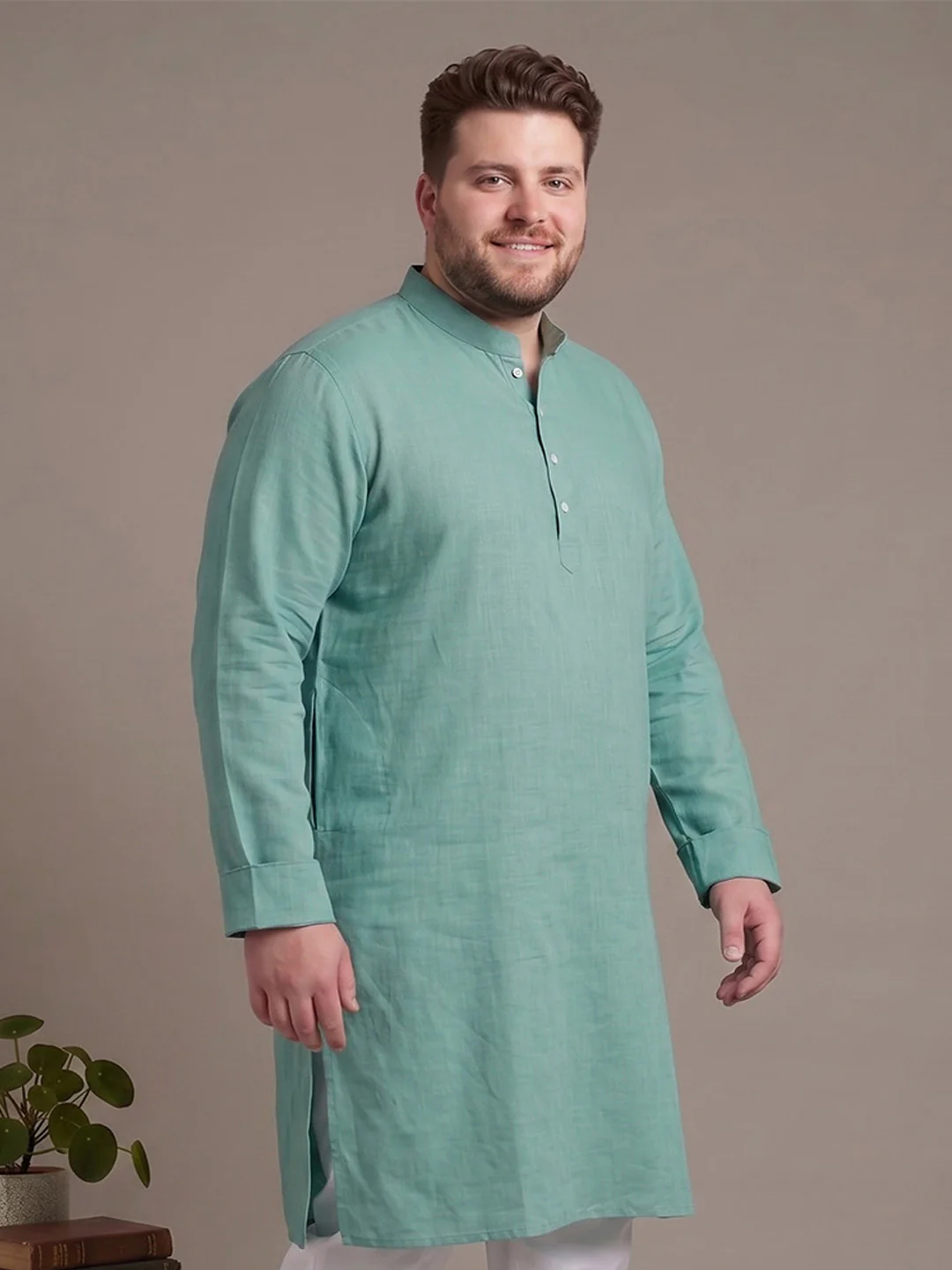 Men Plus Size Tejora Turquoise Solid Kurta - Image 2