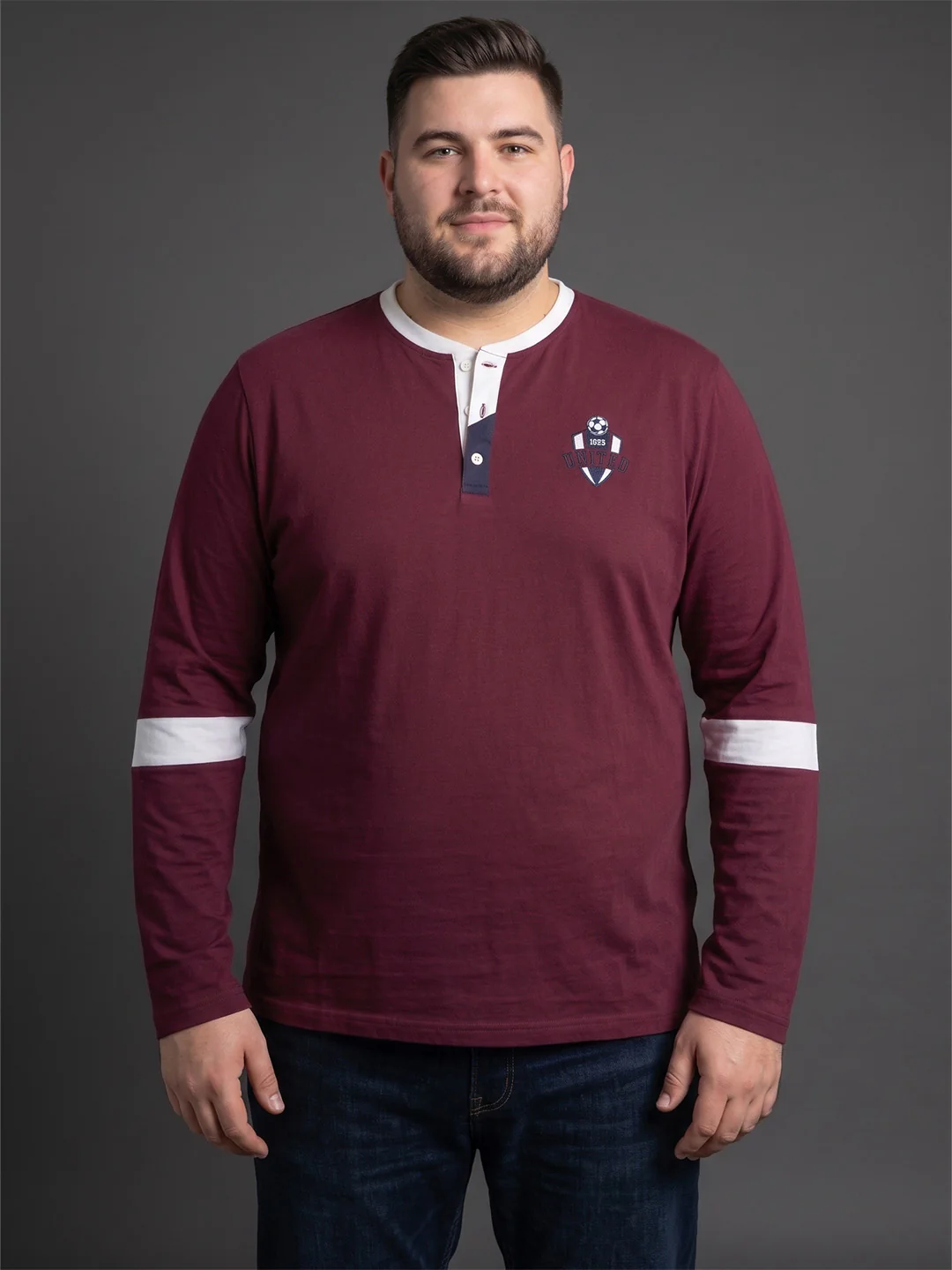 Men Plus Size Tenement Maroon Colorblock Henley
