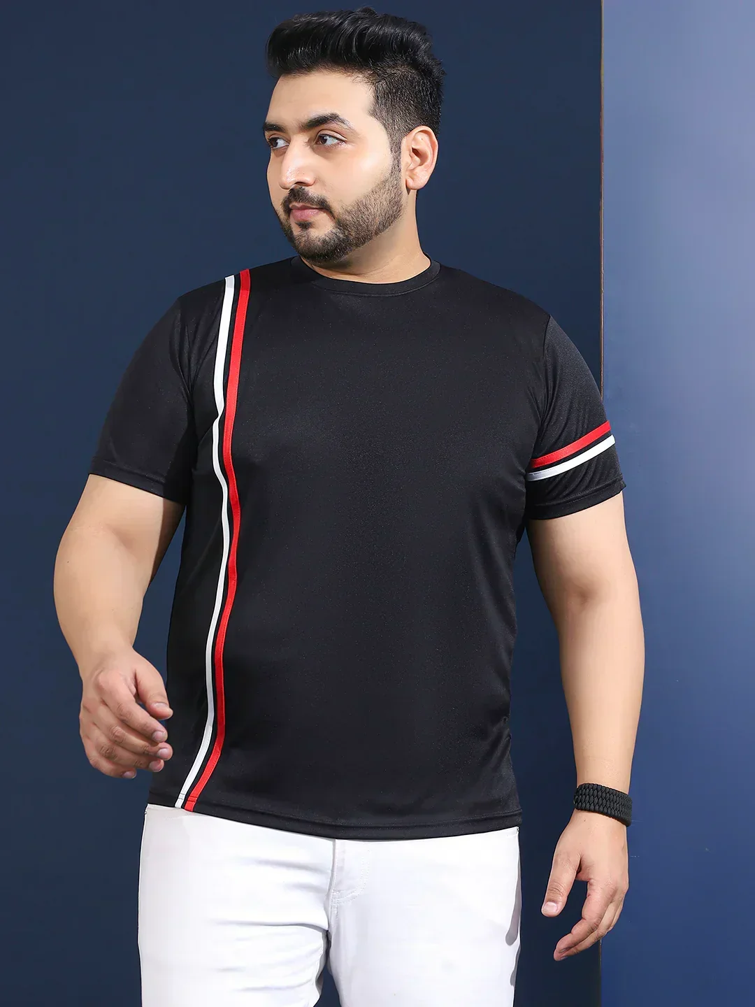 Men Plus Size Thalora-Black Striped Black Round Neck Tshirt - Image 4