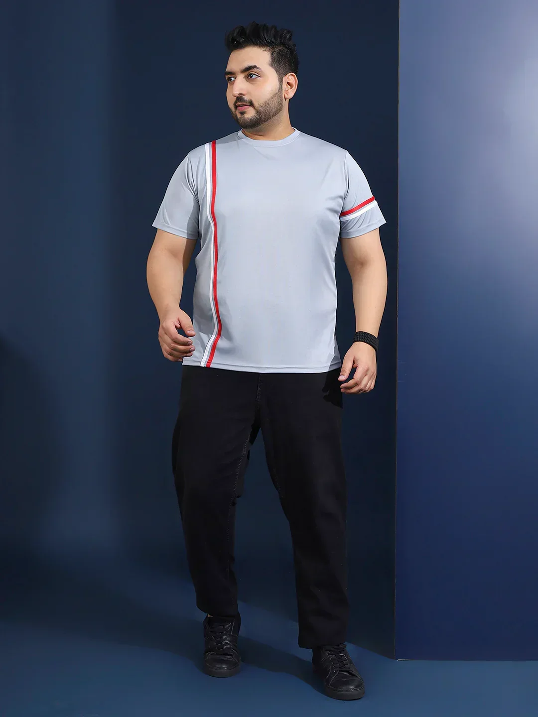Men Plus Size Thalora-Grey Striped Grey Round Neck Tshirt