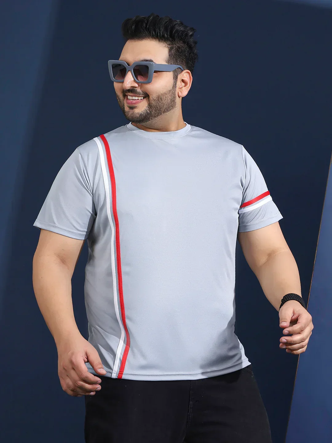 Men Plus Size Thalora-Grey Striped Grey Round Neck Tshirt - Image 8