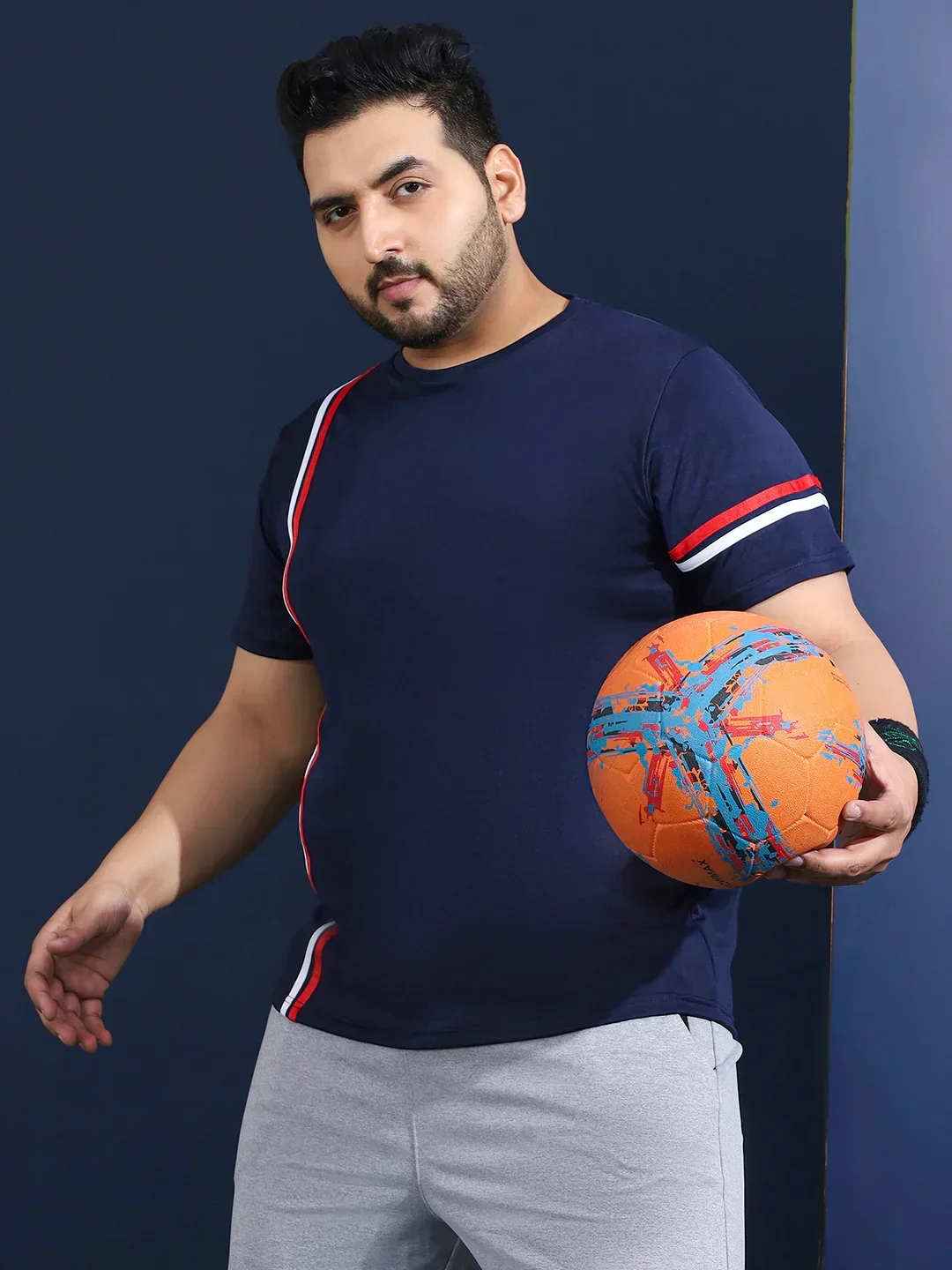 Men Plus Size Thalora-Navy Striped Navy Round Neck Tshirt - Image 2