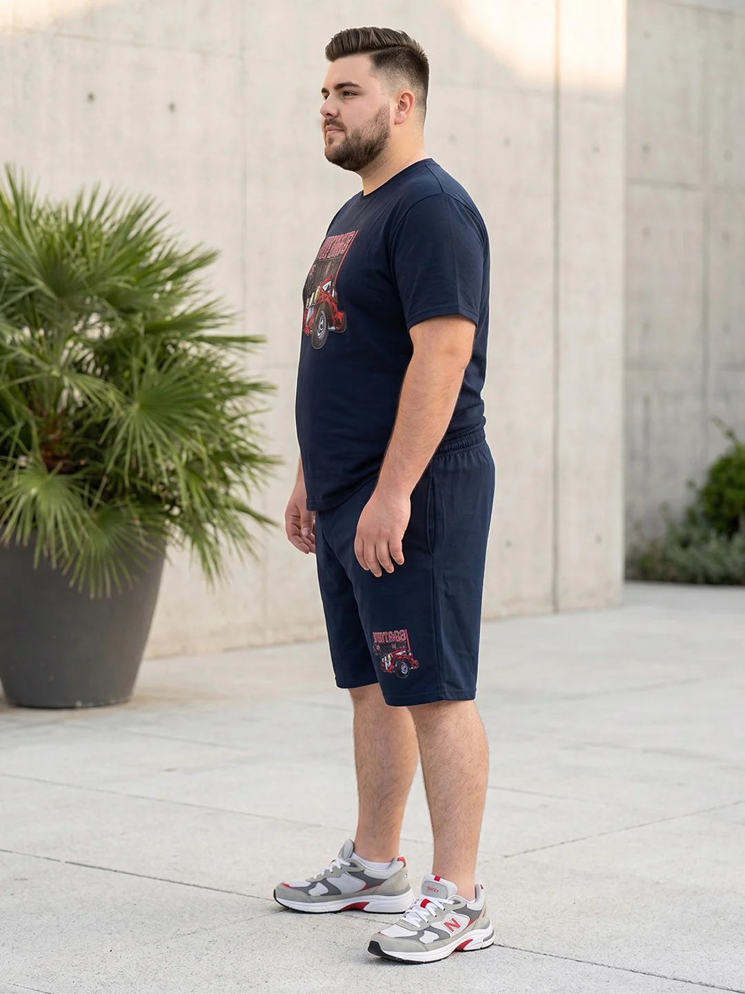 Men Plus Size Throwback Navy Blue Printed Co-Ords - Image 3