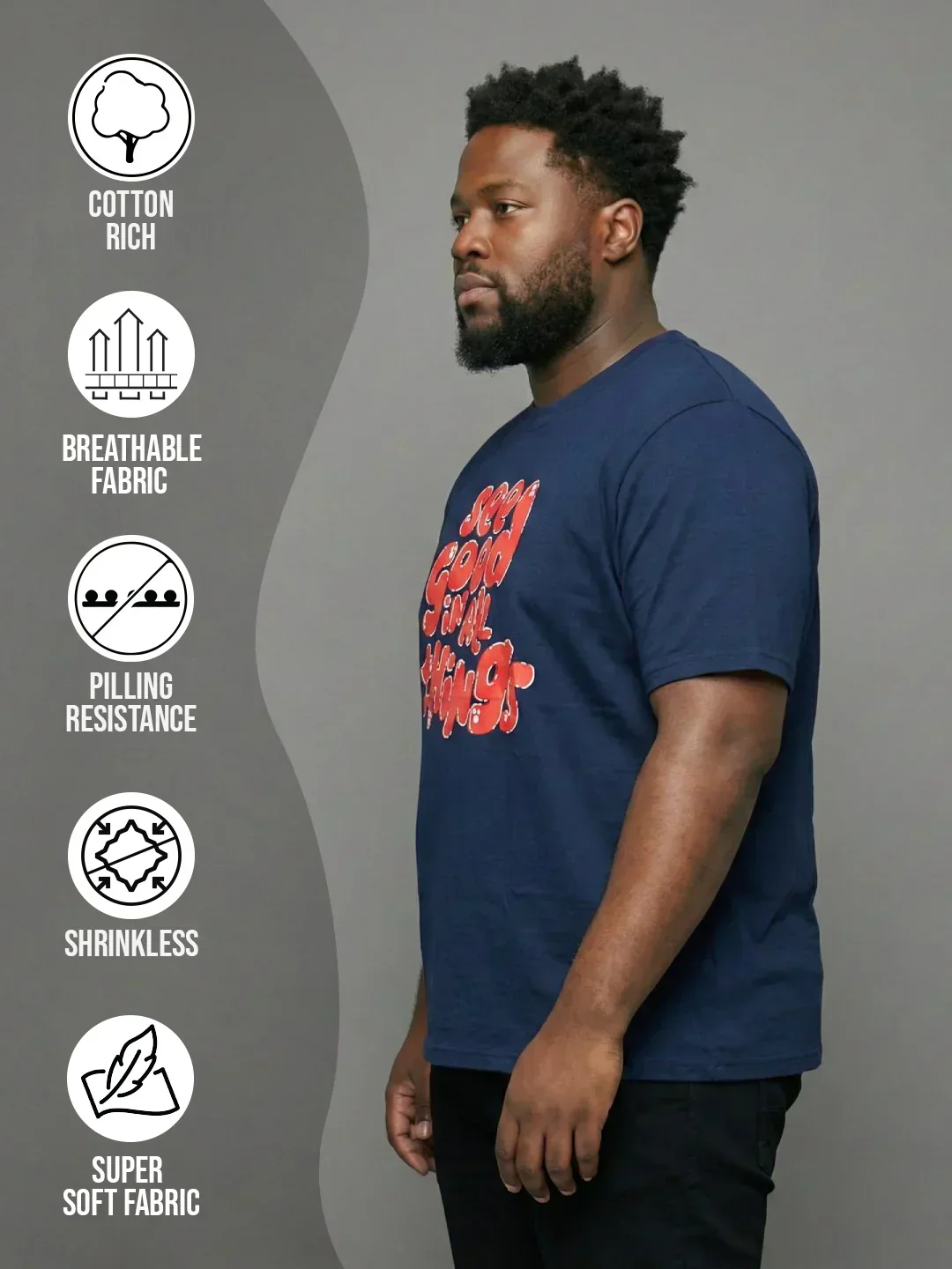 Men Plus Size Upbeat Navy-Blue Printed Round Neck Tshirt - Image 2