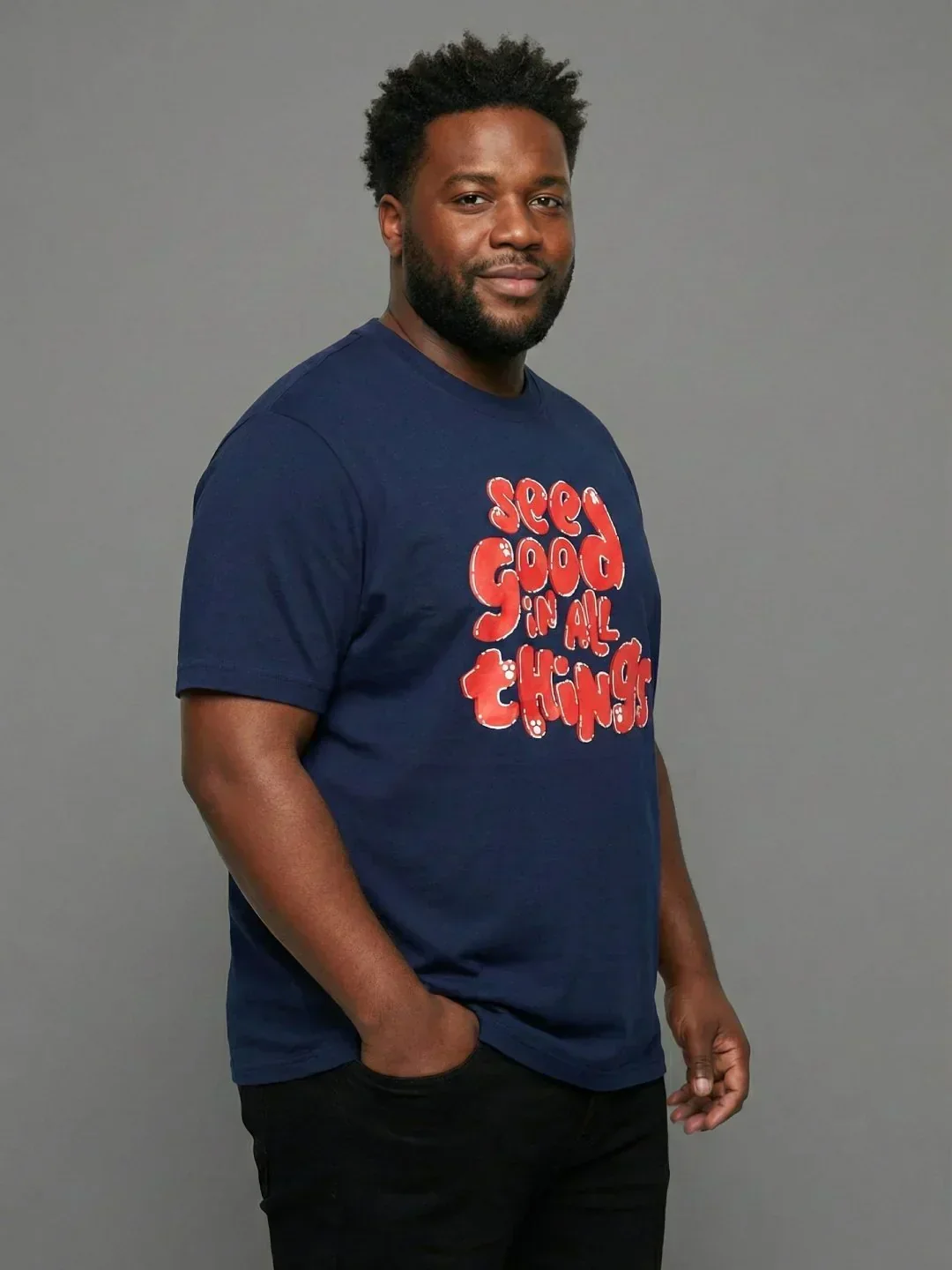 Men Plus Size Upbeat Navy-Blue Printed Round Neck Tshirt - Image 4