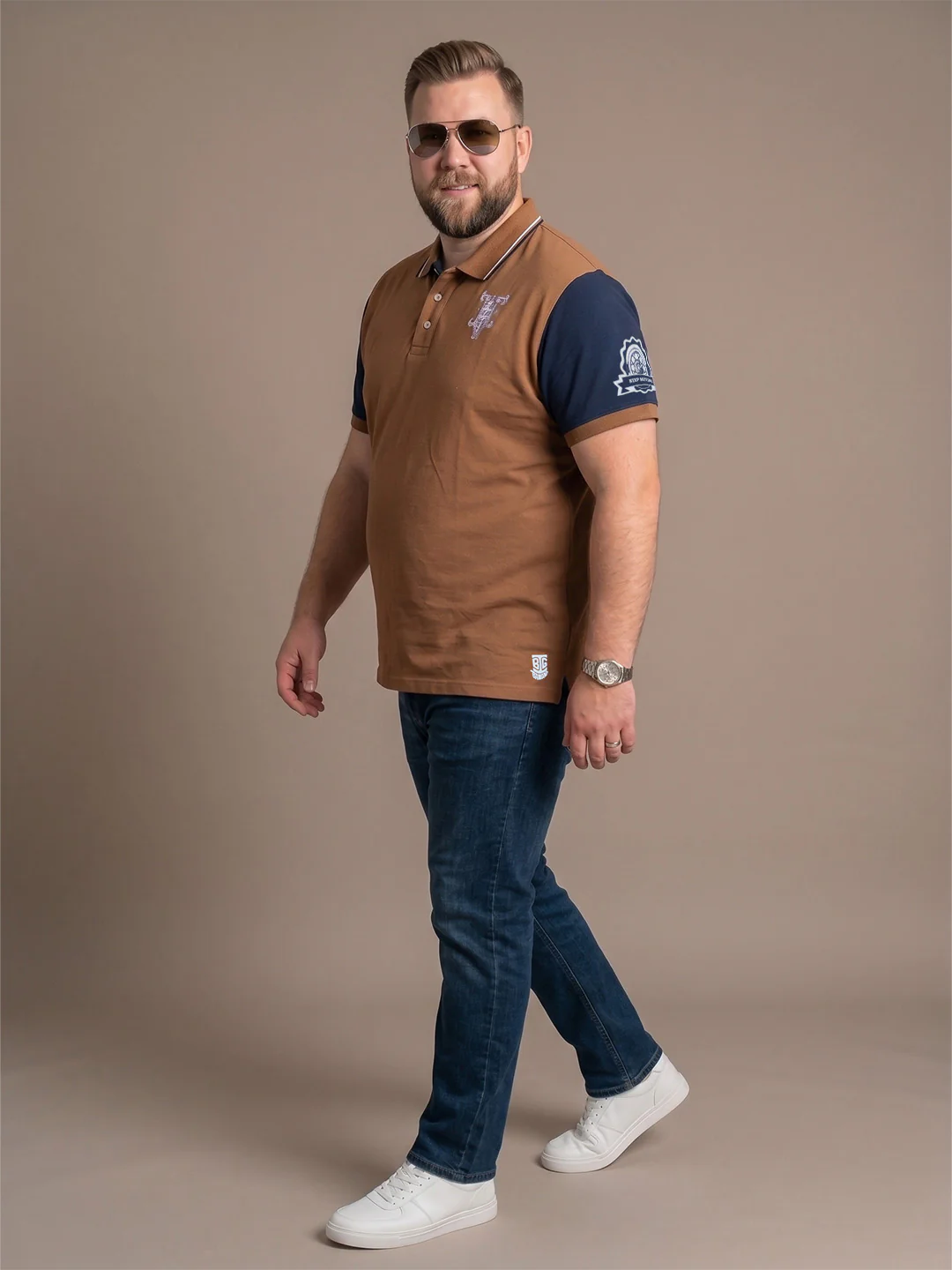 Men Plus Size Urbanglow Brown Colorblock Polo - Image 4