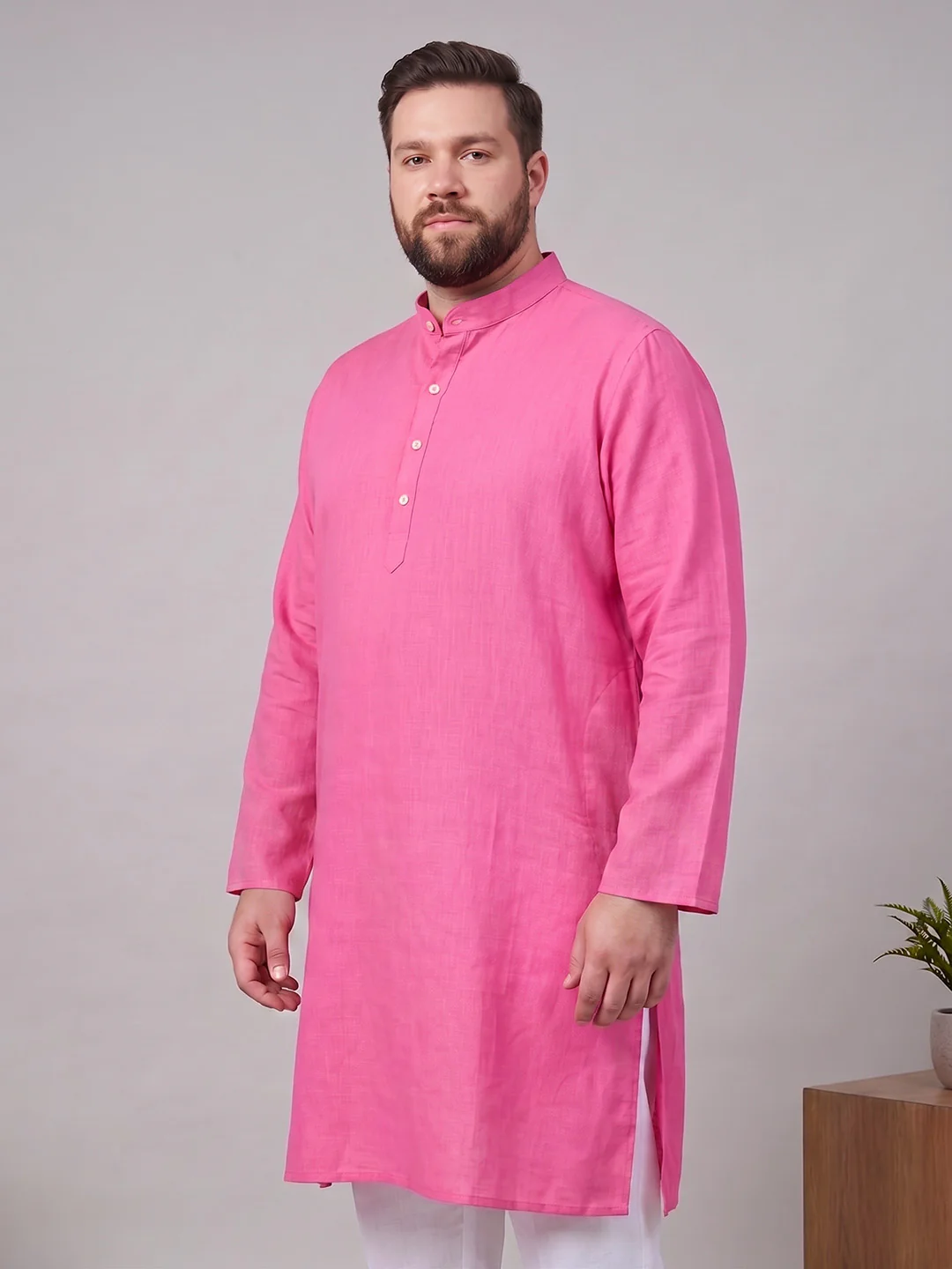 Men Plus Size Utsavon Pink Solid Kurta - Image 2