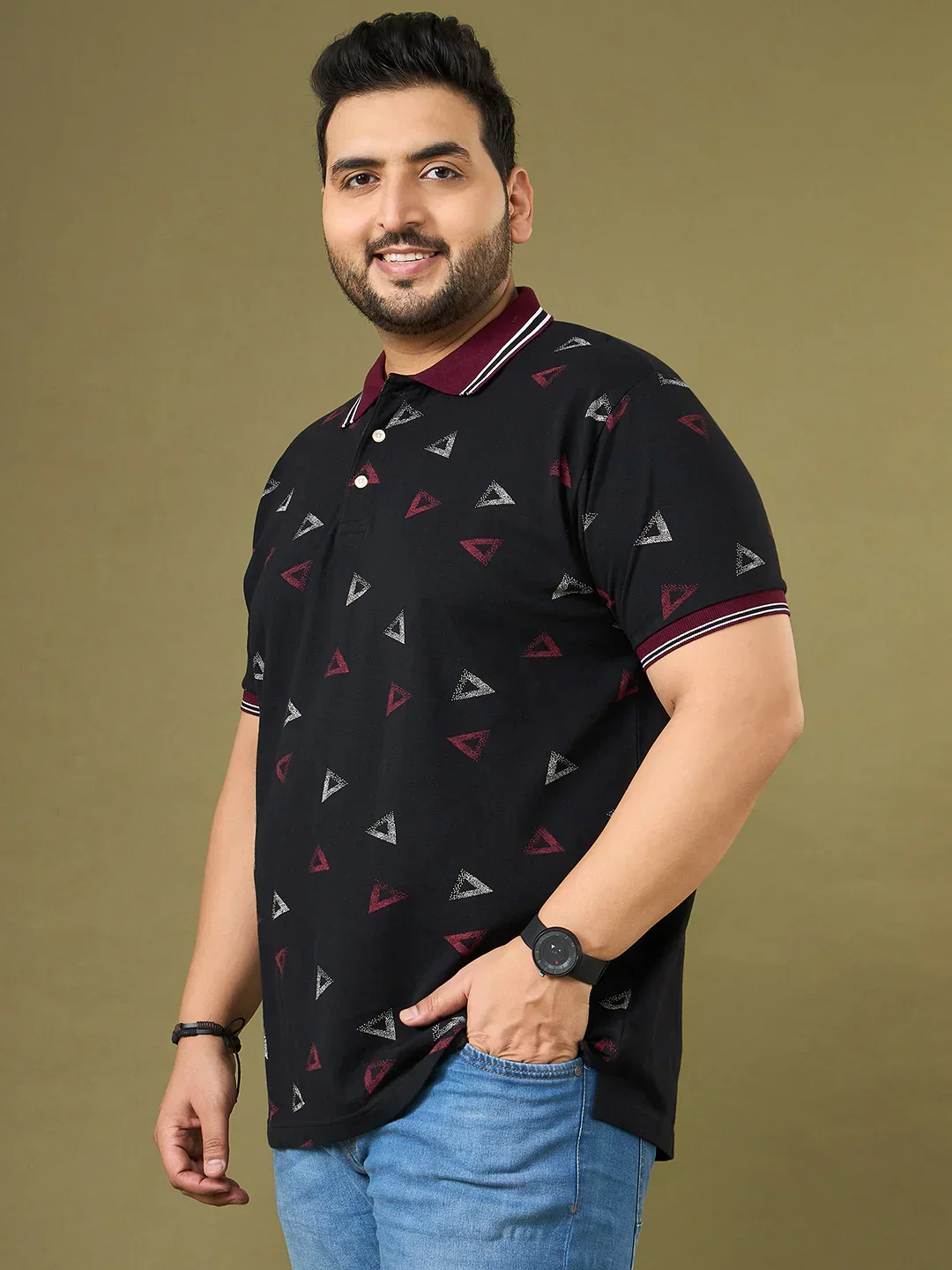 Men Plus Size Vertex Black Printed Polo Tshirt - Image 3