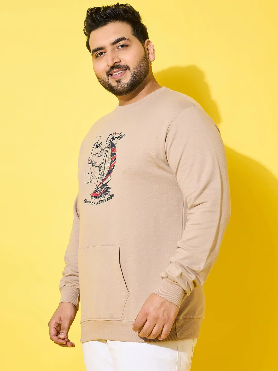 Men Plus Size Voyage Beige Printed Sweatshirt - Image 3